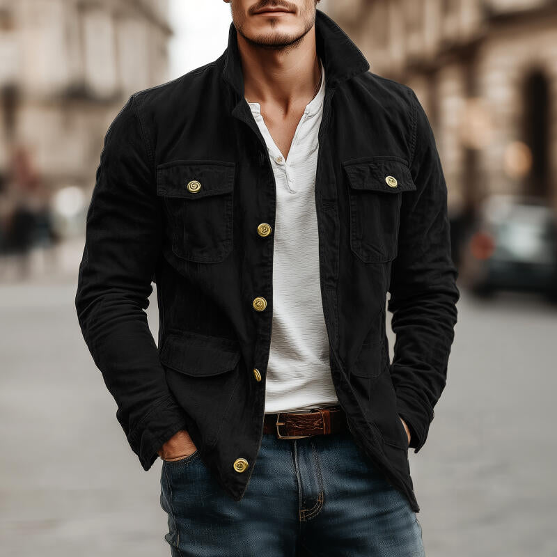 Men's Casual Outdoor Solid Color Cotton Lapel Single-breasted Multi-pocket Cargo Jacket DTT25082718