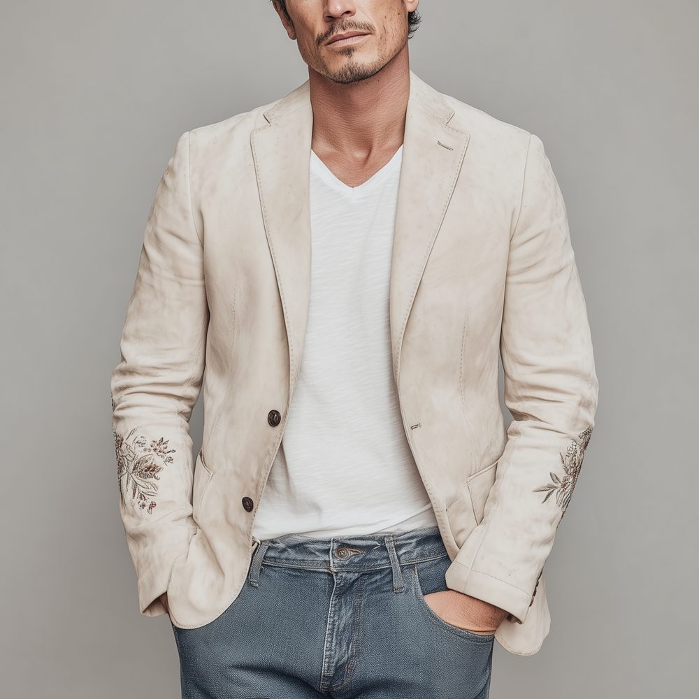 Men's Spring Fashion Casual Solid Color Thin Suede Cuff Embroidery Single Breasted Blazer DTT25072104