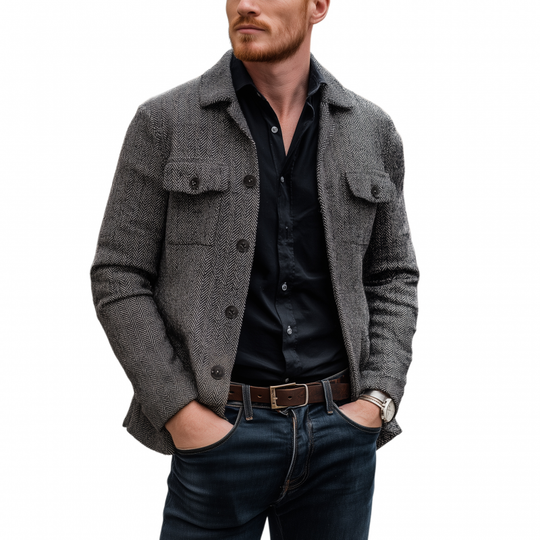 Men's Vintage Wool Blend Herringbone Lapel Flap Chest Pocket Loose Long Sleeve Shirt Jacket DTT25082201