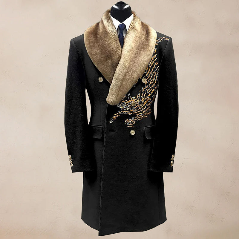 Men's Casual Contrast Binding Button Long Sleeve Windproof Fur Collar Overcoat 9888552911032