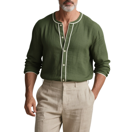 Men's White Trim Round Neck Long Sleeve Cotton And Linen Shirt DTT25072909