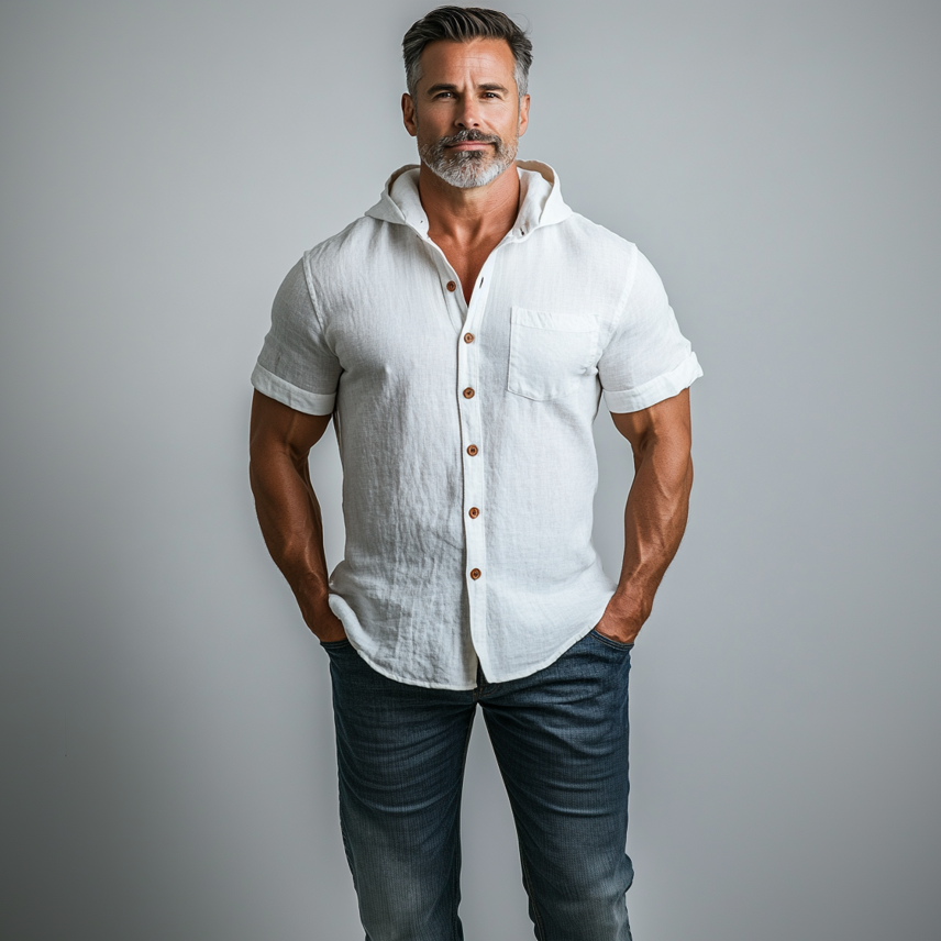 Men's Solid Single Breasted Chest Pocket Short Sleeve Hooded Shirt 9899607425208