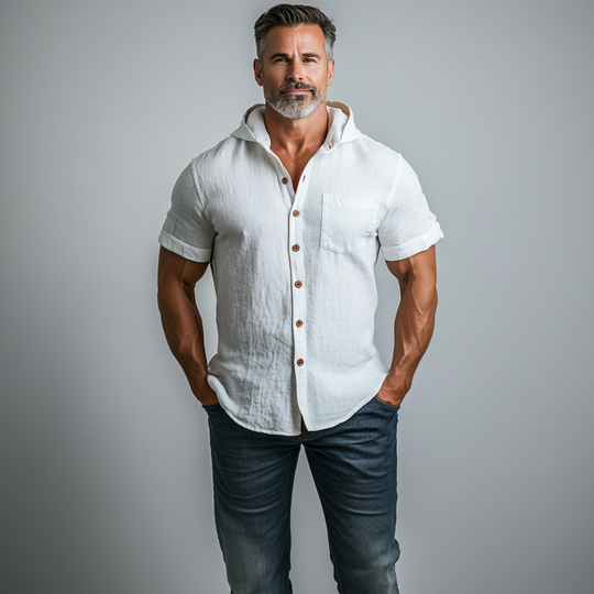 Men's Solid Single Breasted Chest Pocket Short Sleeve Hooded Shirt 9899607425208