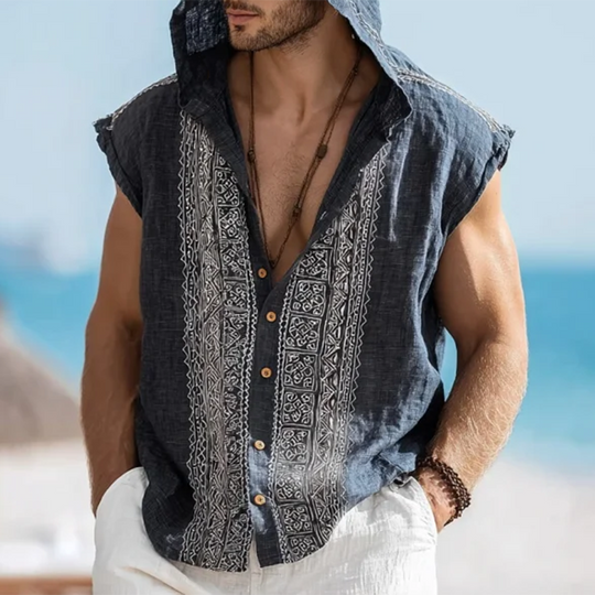 Men's Embroidered Single Breasted Hooded Sleeveless Shirt DTT25071513