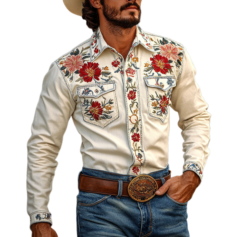 Men's Western Cowboy Style Embroidered Lapel Chest Pocket Long Sleeve Cotton Shirt 9905398579384