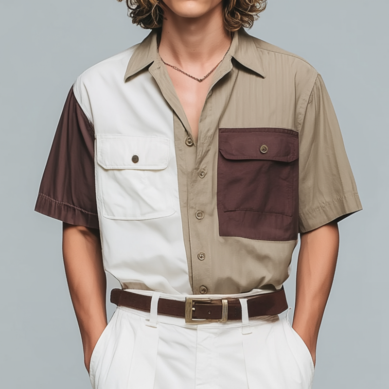 Men's Fashion Contrast Color Patchwork Breathable Cotton Lapel Chest Pocket Loose Short Sleeve Shirt DTT25070915