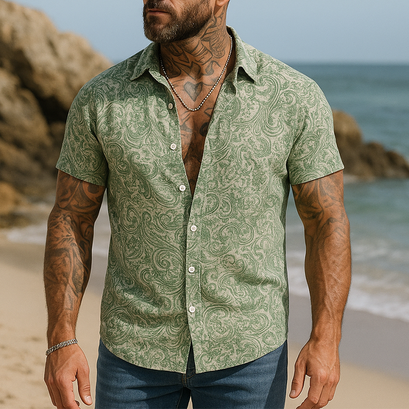Men's Summer Fashion Printed Polyester Blended Short Sleeve Shirt DTT25061008