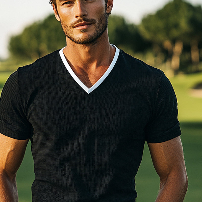 Men's Contrast Knitted V-Neck Short-Sleeved T-Shirt DTT25053008