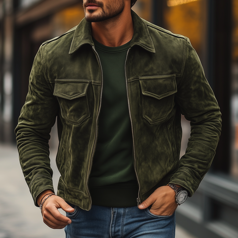 Men's Vintage Solid Suede Lapel Zipper Placket Flap Chest Pocket Slim Fit Jacket DTT25081208