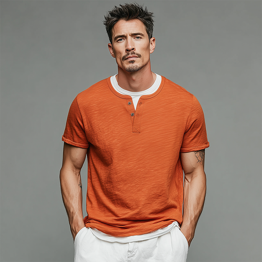 Men's Spring And Summer Fashion Casual Cotton Blended Henry Collar Fake Two-Piece Short Sleeve T-Shirt DTT25071106
