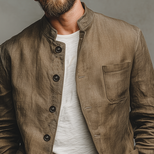 Men's Classic Casual Stand-up Collar Cotton And Linen Multi-pocket Thin Jacket DTT25073015