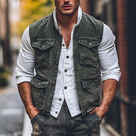 Men's Vintage Washed Round Neck Multi-Pocket Vest DDT25052815