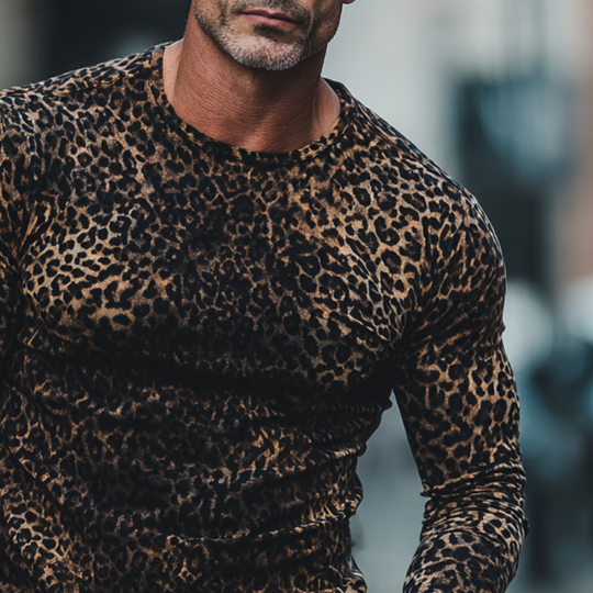 Men's Leopard Print Crew Neck Long T-shirt DTT25082028