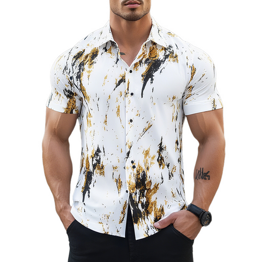 Men's Graffiti Print Lapel Short Sleeve Shirt DTT25070201