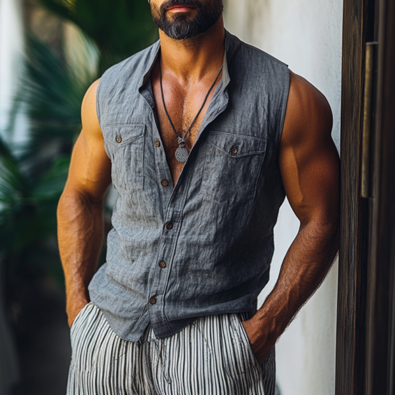 Men's Casual Solid Color Breathable Linen Lapel Chest Pocket Sleeveless Shirt DTT25060508