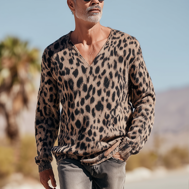 Men's Vintage Leopard Print Cotton Blend Long Sleeve Sweatshirt DTT25082027