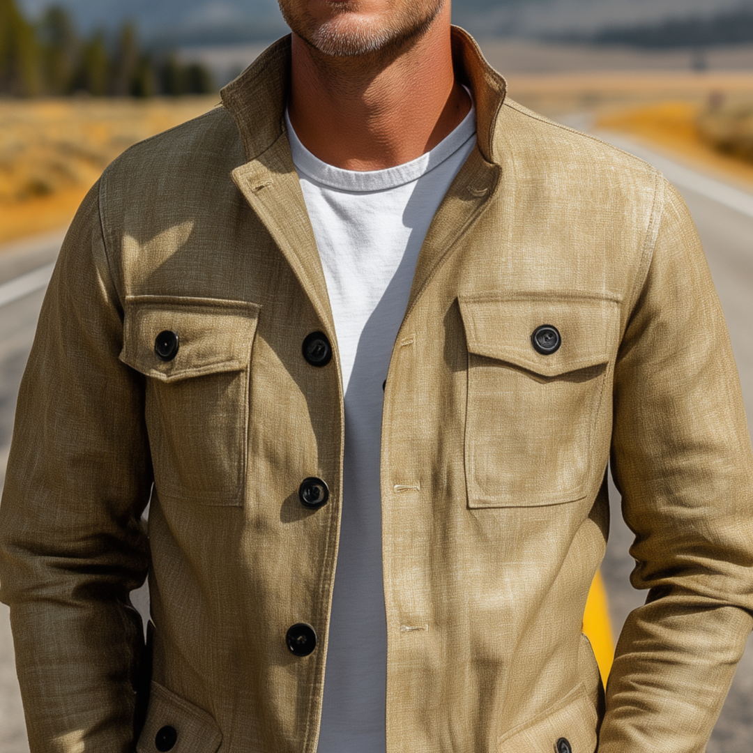 Men's Classic Casual Stand-up Collar Multi-pocket Cotton And Linen Blend Thin Jacket DTT25080419