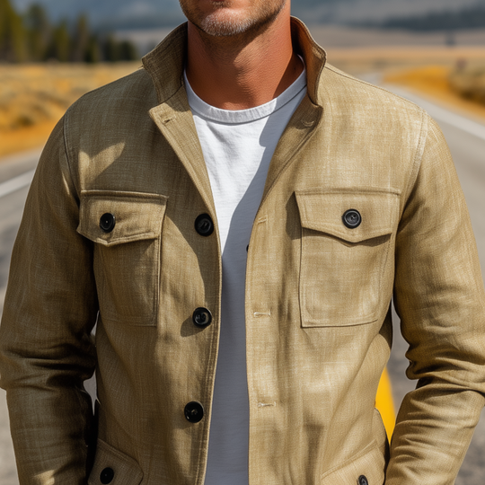 Men's Classic Casual Stand-up Collar Multi-pocket Cotton And Linen Blend Thin Jacket DTT25080419