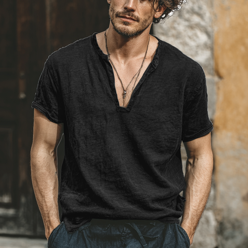Men's Linen Blend V-Neck Short Sleeve T-Shirt DTT25070313