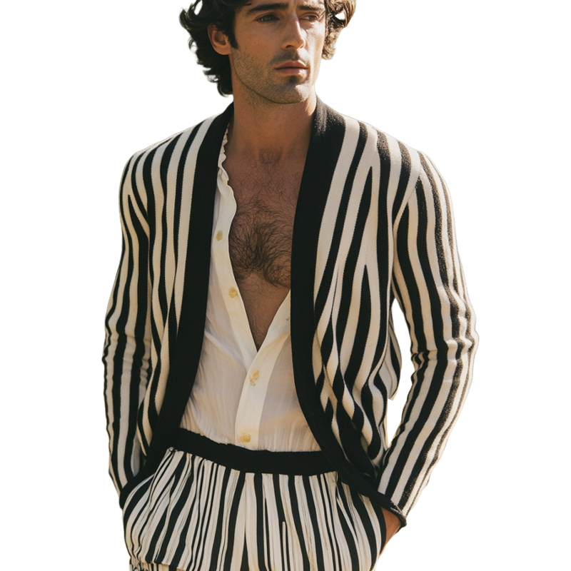 Men's Black and White Vertical Striped Casual Knitted Cardigan 9905396678840