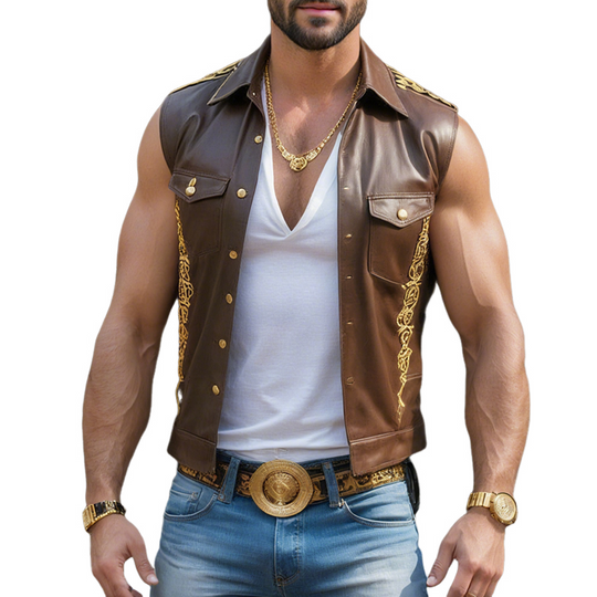 Men's Faux Leather Vintage Trim Lapel Single Breasted Sleeveless Vest DTT25071717