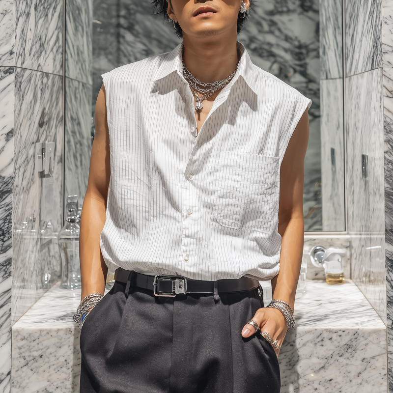 Men's Casual Breathable Cotton Striped Lapel Patch Pocket Loose Sleeveless Shirt DTT25080101