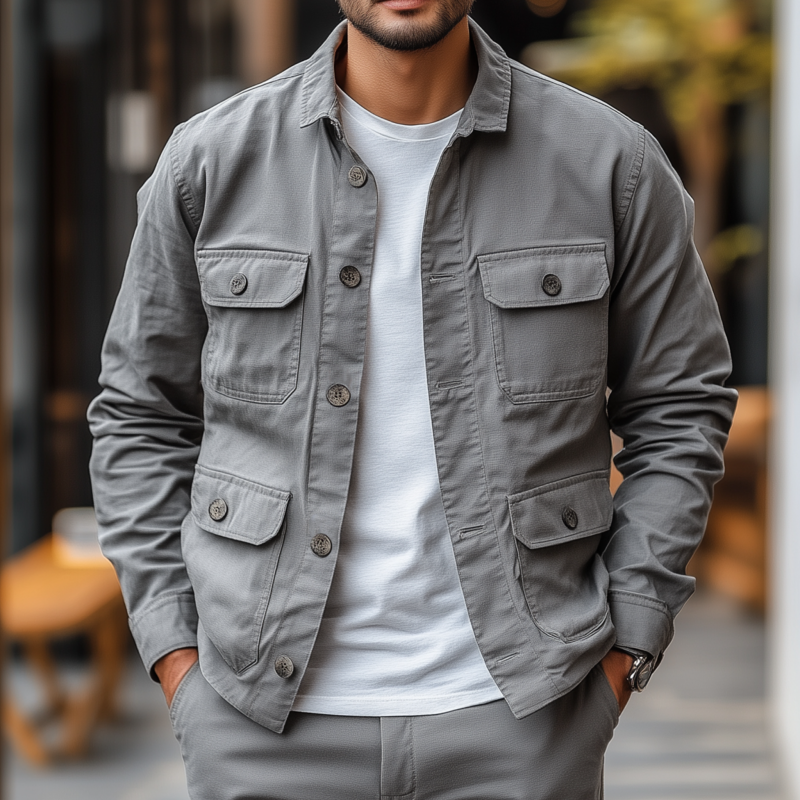 Men's Casual Outdoor Solid Color Breathable Cotton Washed Lapel Multi-Pocket Work Jacket DTT25073117