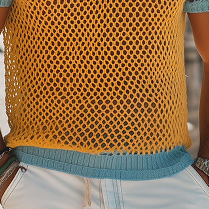 Men's Fashion Casual Hollow Contrast Color Stitching Knitted Round Neck Short-sleeved T-shirt DTT25062606