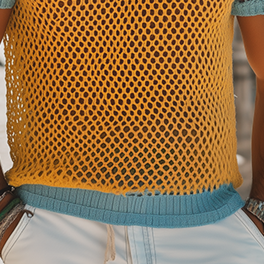 Men's Fashion Casual Hollow Contrast Color Stitching Knitted Round Neck Short-sleeved T-shirt DTT25062606
