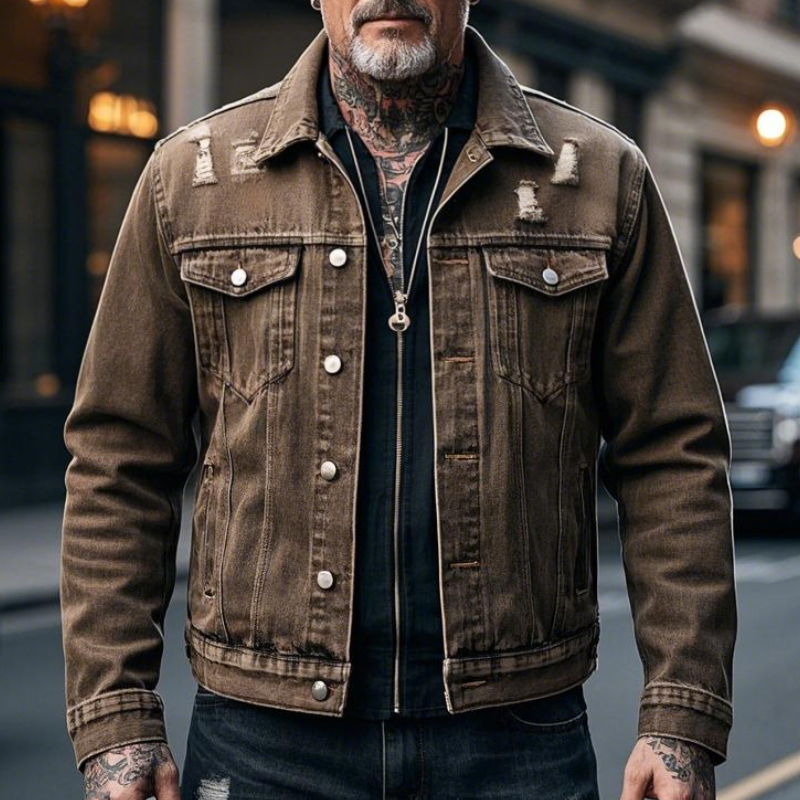 Men's Retro Casual Lapel Ripped Denim Jacket 9903259189432