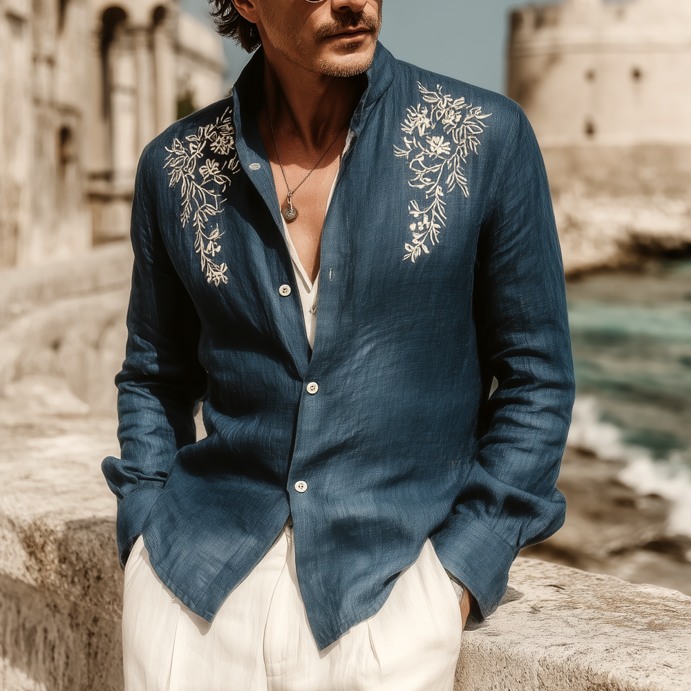 Men's Classic Casual Tencel Cotton And Linen Embroidered Stand Collar Long Sleeve Shirt DTT25072111
