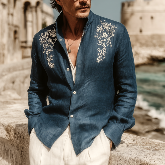 Men's Classic Casual Tencel Cotton And Linen Embroidered Stand Collar Long Sleeve Shirt DTT25072111