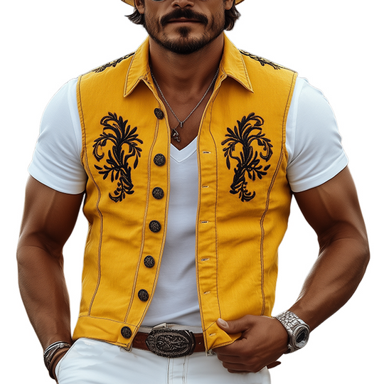 Men's Casual Retro American Western Style Cotton And Linen Embroidered Lapel Slim Fit Single-breasted Vest DTT25061718