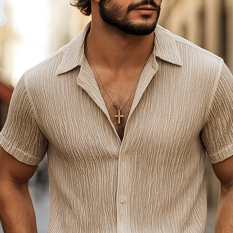Men's Solid Pleated Textured Lapel Short Sleeve Shirt DTT25070407