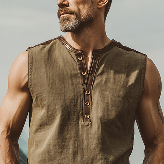 Men's Classic Casual Linen Stitching PU Leather Henley Collar Tank Top DTT25070402