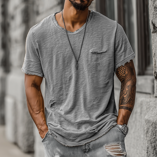Men's Fashion Casual Bamboo Cotton Ripped Raw Edge Round Neck Short Sleeve T-shirt DTT25071819