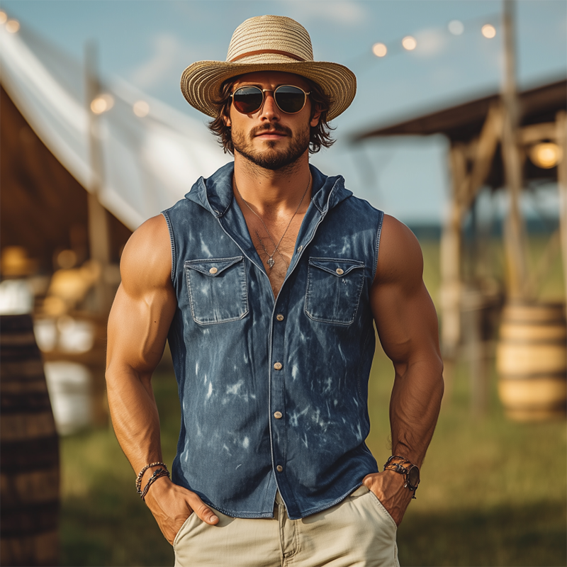 Men's Spring And Summer Fashion Casual Washed Denim Distressed Hooded Sleeveless Shirt DTT25062610