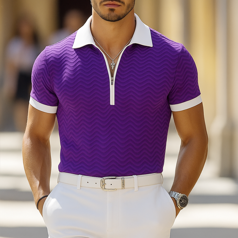 Men's Colorblock Wave Striped Lapel Short Sleeve Polo Shirt DTT25070416
