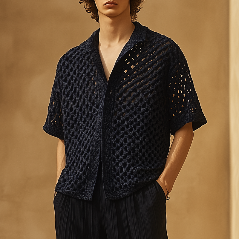 Men's Summer Fashion Crochet Hollow Short Sleeve Shirt DTT25070107