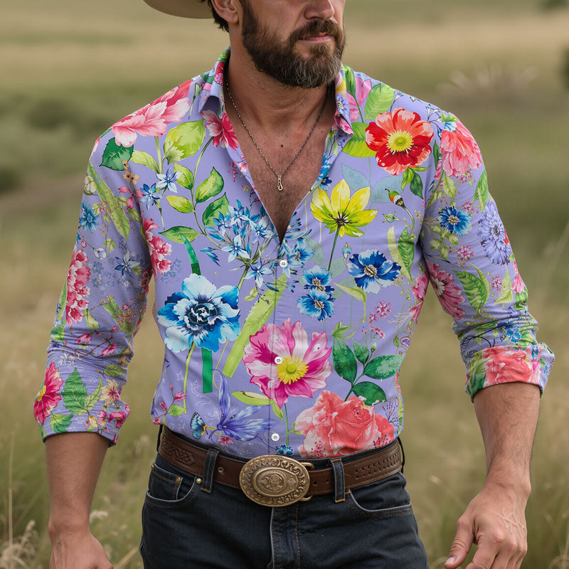 Men's Hawaiian Floral Print Long Sleeve Lapel Shirt Dtt795803320