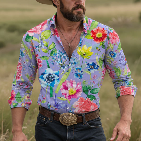 Men's Hawaiian Floral Print Long Sleeve Lapel Shirt Dtt795803320