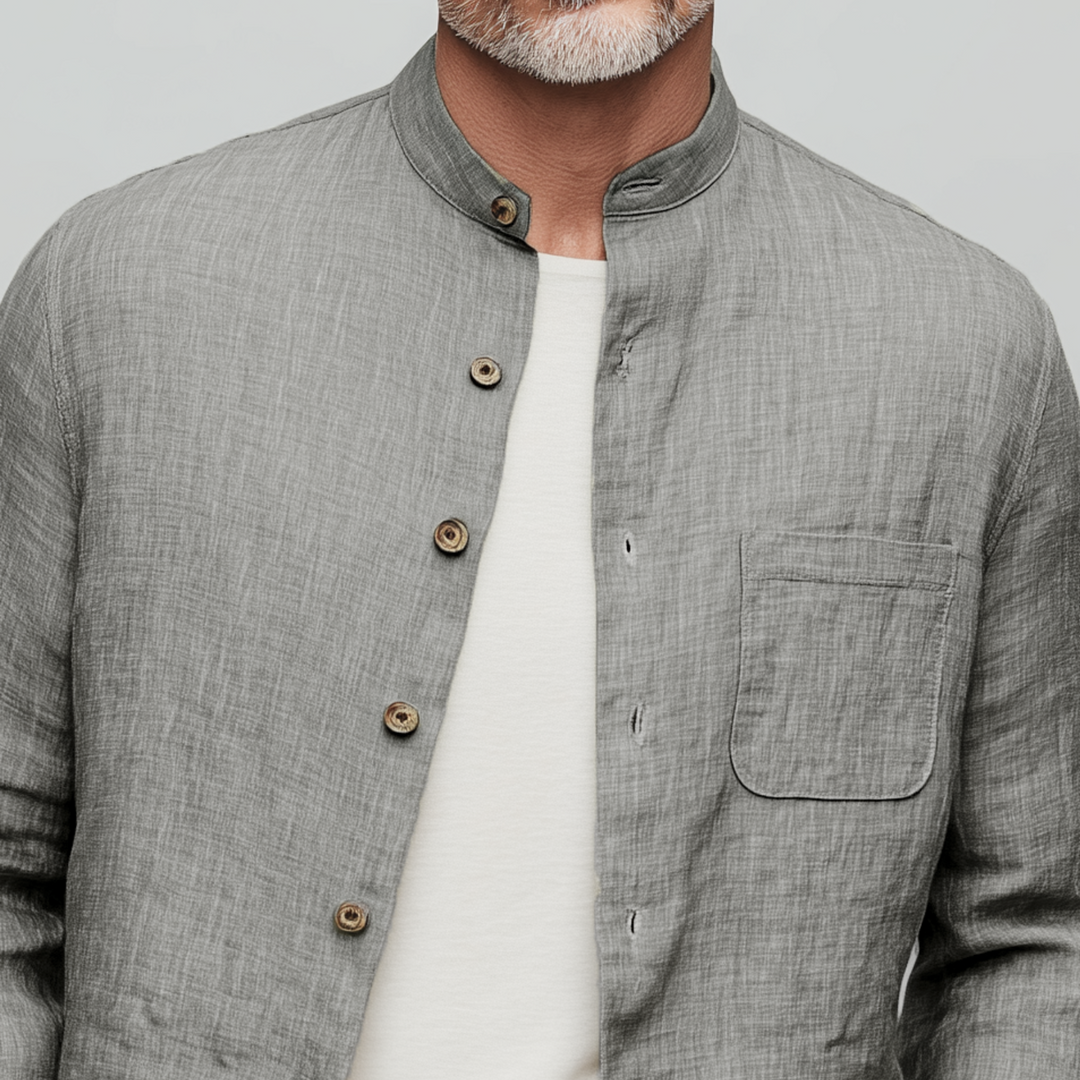 Men's Classic Casual Stand-up Collar Cotton And Linen Wooden Button Long-sleeved Shirt DTT25073016