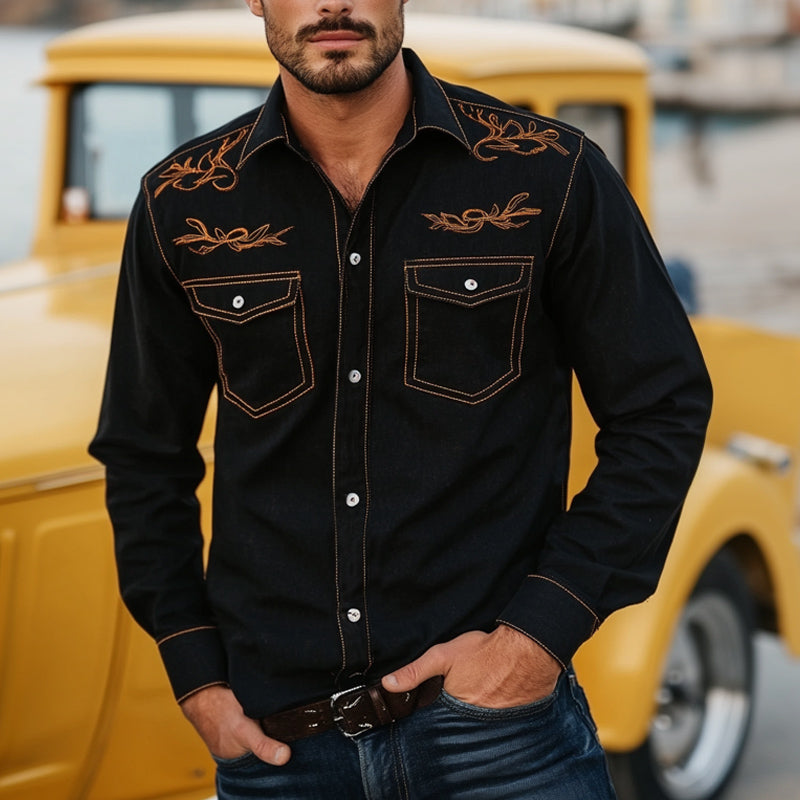 Men's Denim Retro Contrast Color Embroidery Long Sleeve Loose Shirt 9892386406584