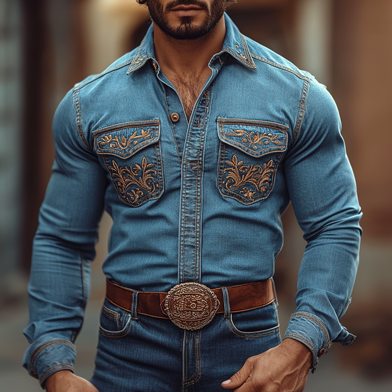 Men's Western Cowboy Style Embroidered Lapel Chest Pocket Long Sleeve Denim Shirt 9905398218936