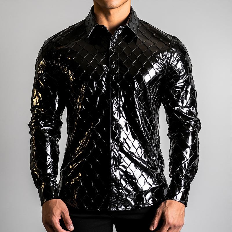Men's Vintage Slim Fit Solid Plaid Long Sleeve Leather Shirt 9892392665272