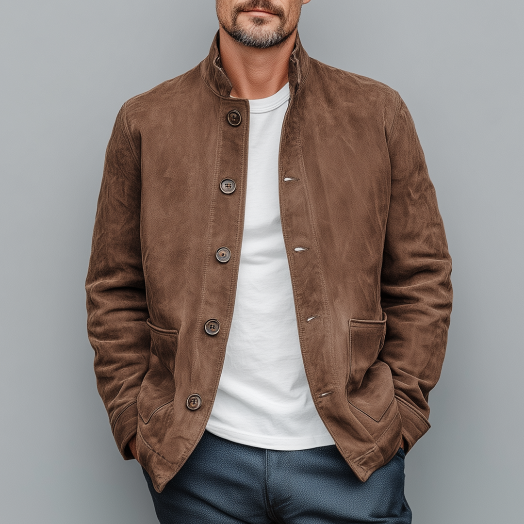 Men's Retro Casual Thin Suede Wooden Button Stand Collar Jacket DTT25080117
