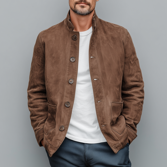 Men's Retro Casual Thin Suede Wooden Button Stand Collar Jacket DTT25080117