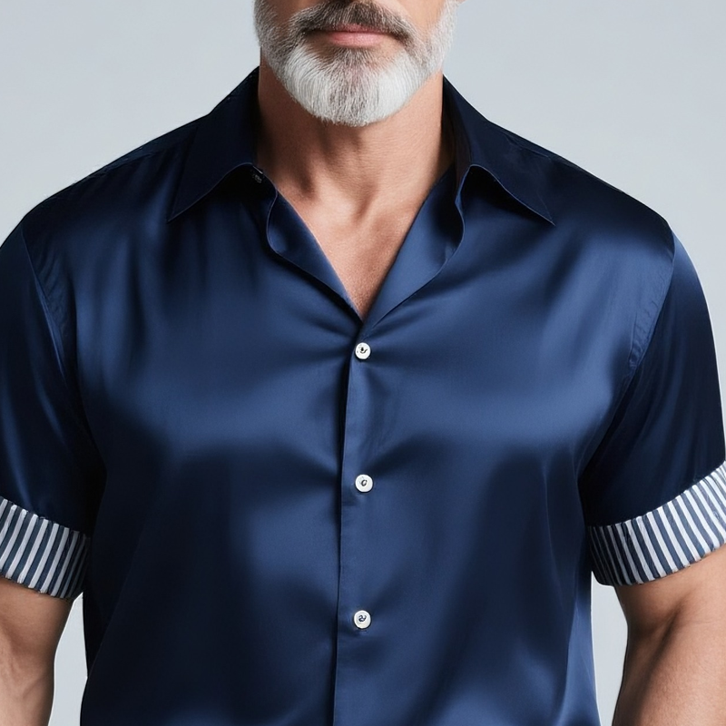 Men's Striped Rolled Short Sleeve Lapel Satin Shirt DTT25072912
