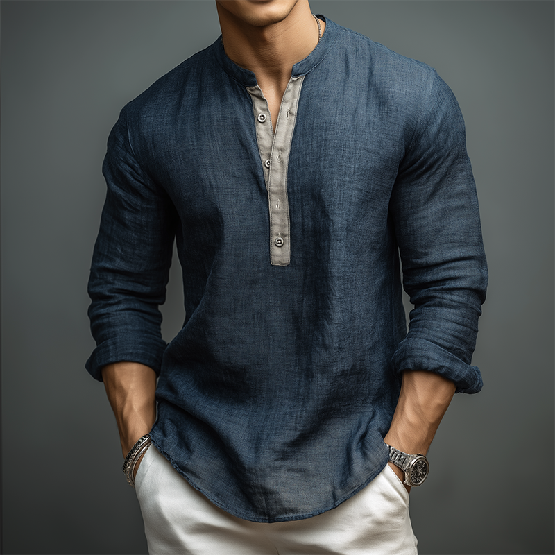 Men's Vintage Casual Cotton And Linen Henley Collar Long Sleeve Shirt DTT25081316