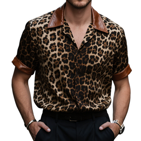 Men's Retro Casual Leopard Print Leather Lapel Short Sleeve Shirt DTT25071008